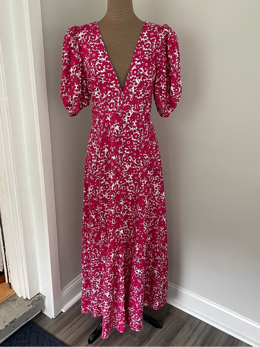 J Crew Collection Fuchsia and White Floral V-Neck Maxi Dress